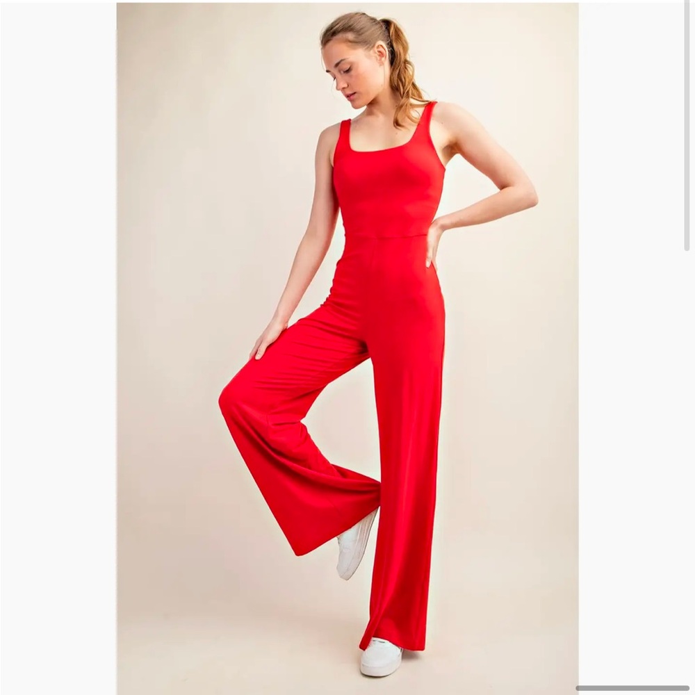 Red Wide-Leg Scoop Neck Jumpsuit